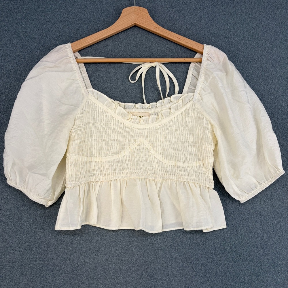 C'isa Small Cream Smocked Puff Sleeve Crop Top Cottagecore Boho Puff Festival